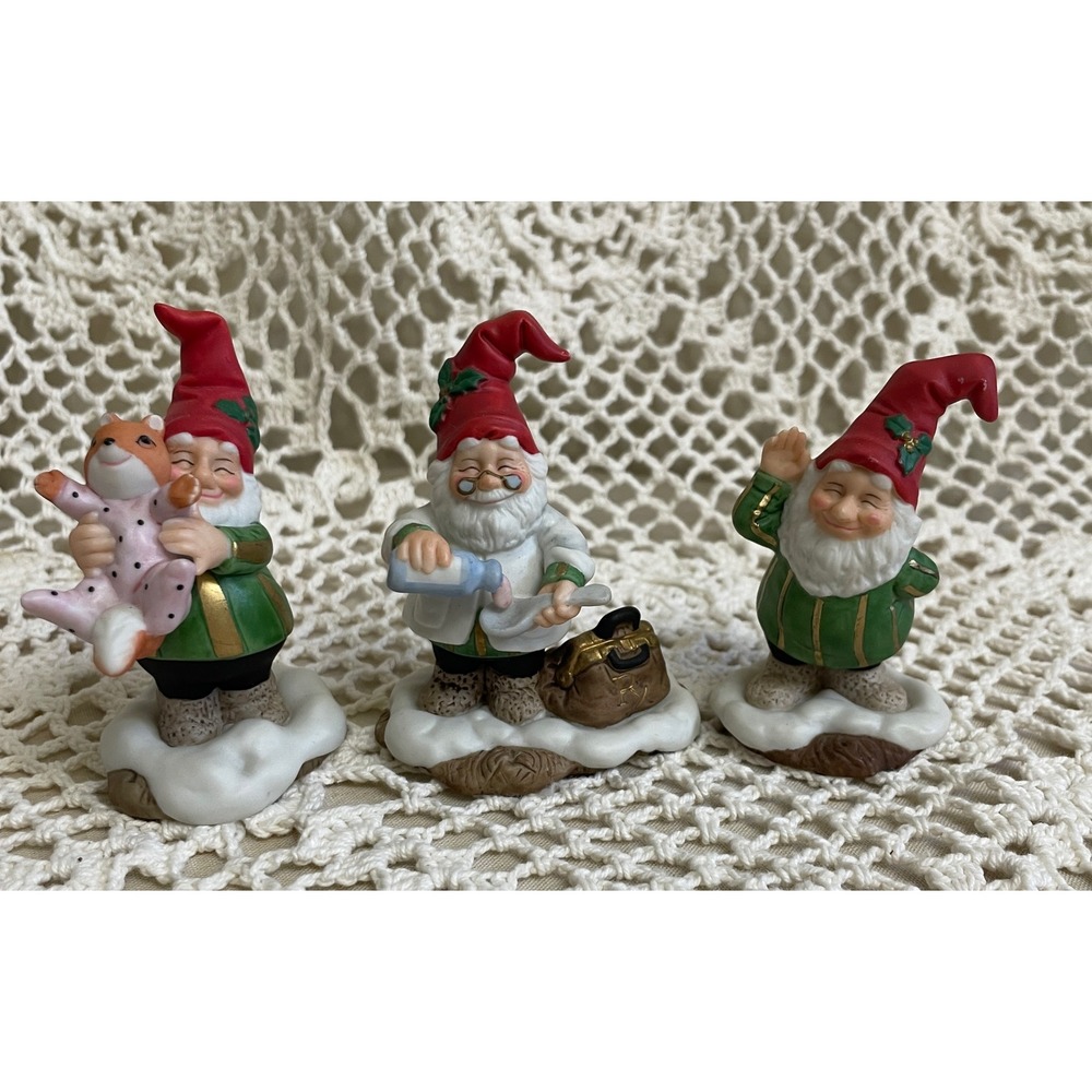 3 Fitz and Floyd Holiday Hamlet Figurines Baby Squirrel, Waving Elf, Dr. B.Well